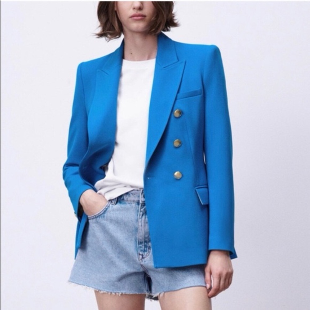 Zara Blue and Gold Blazer with Structured Shoulders
